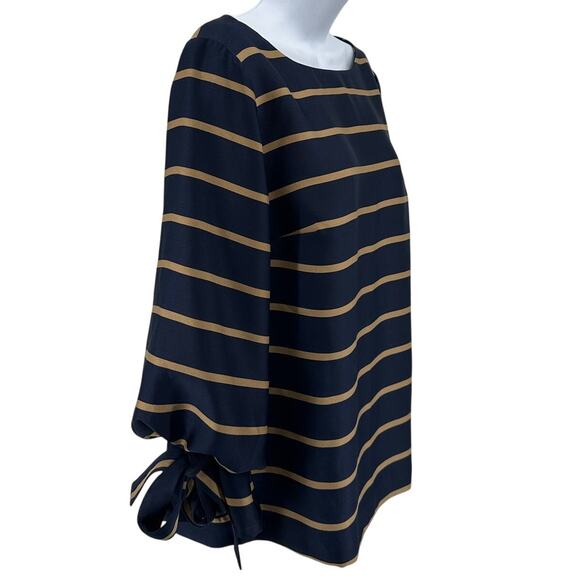 Banana Republic Blouse SZ S Navy Blue Tan Striped Poet Sleeve Boat NeckTie Cuff - Picture 2 of 7